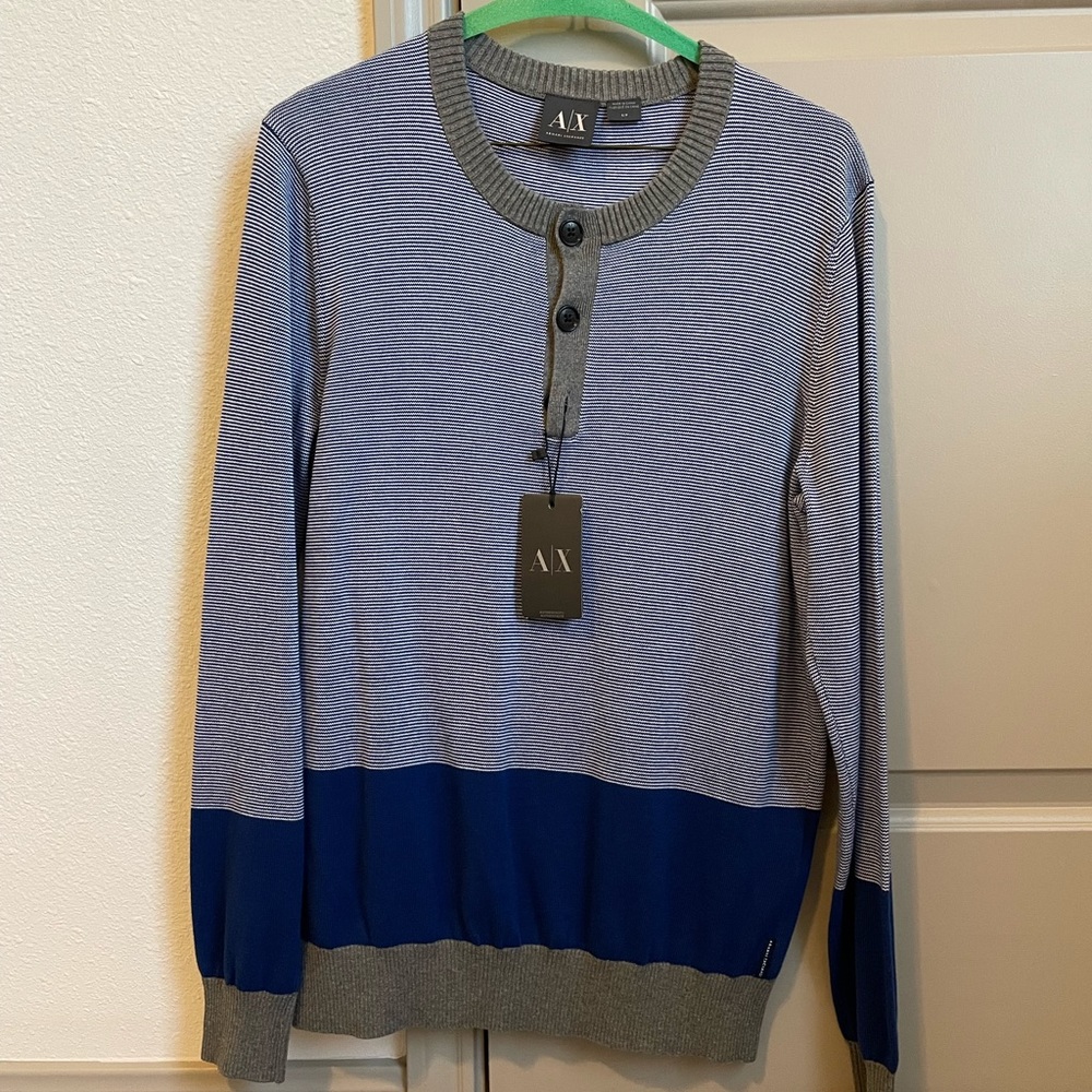 Navy Blue Armani Exchange Sweater, Colorblock Henley AX Men’s SM